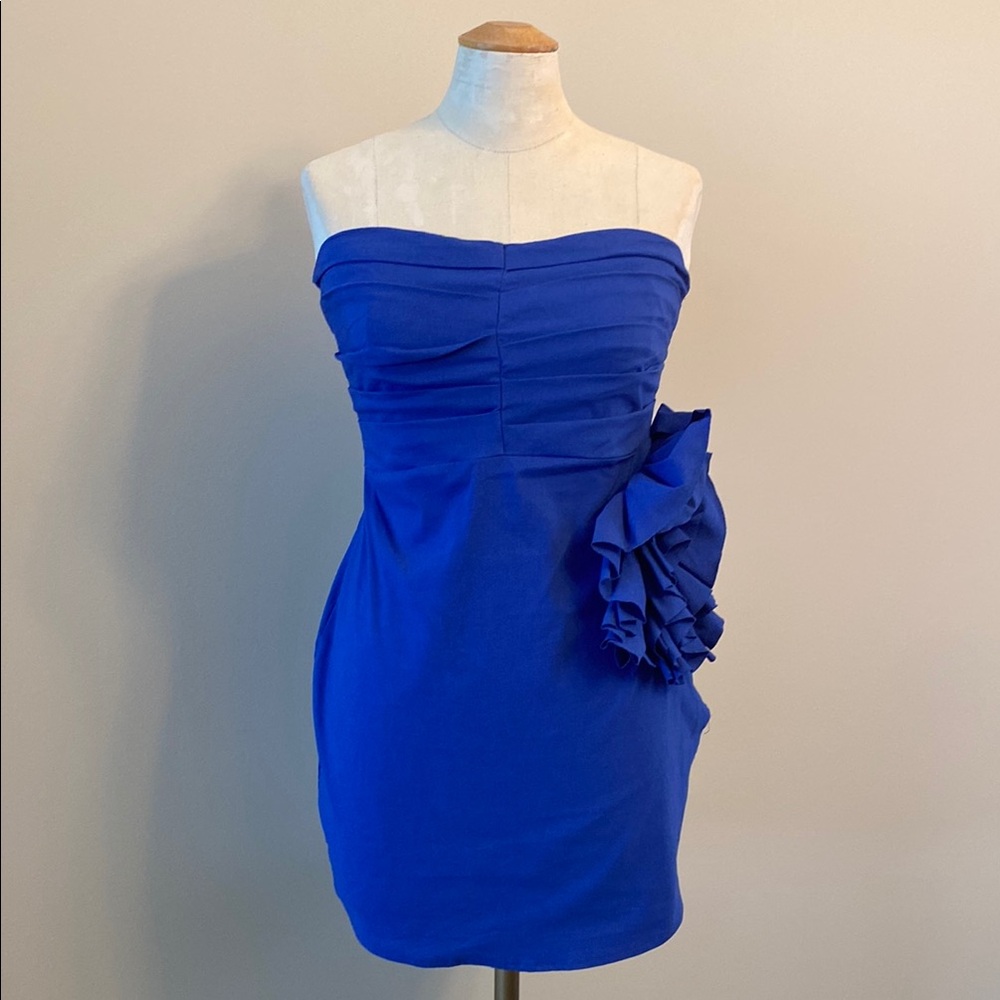 Zara Blue Strapless cocktail Dress raw edge with flower embellishment